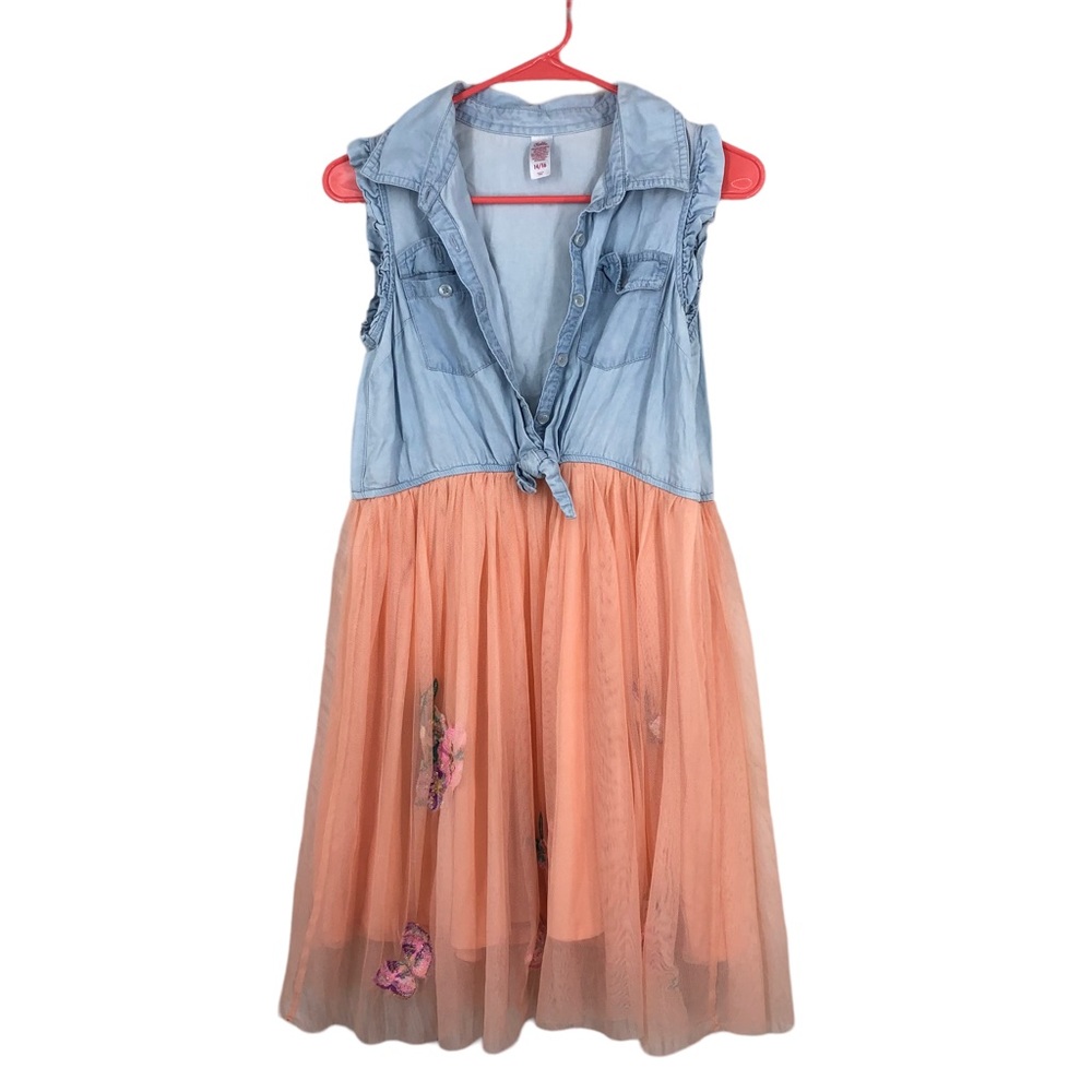 Girls Justice Frilly Dress, Soft Denim Top, Tulle Overlay W/Sequined Patches XL